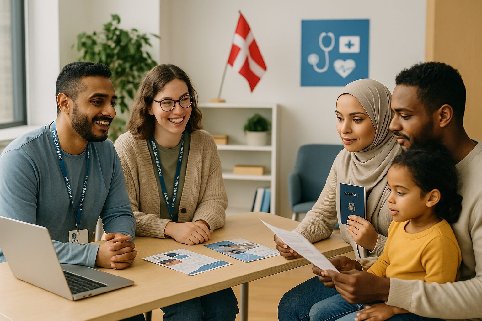 Volunteers helping an international family with healthcare paperwork